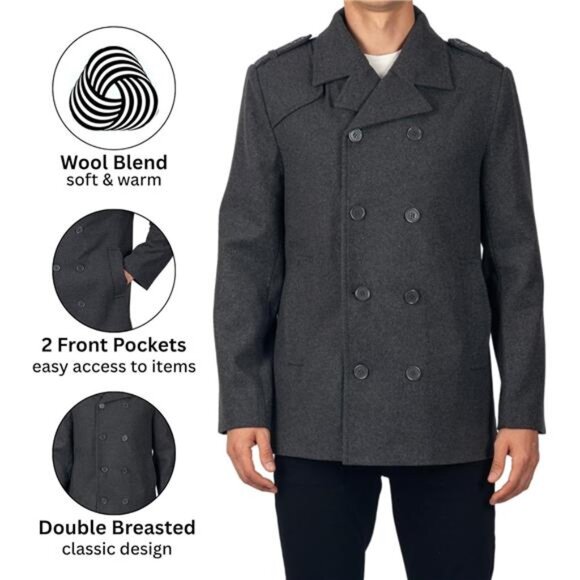Mens Wool Pea Coat Double Breasted Peacoat Jacket - Picture 2 of 7